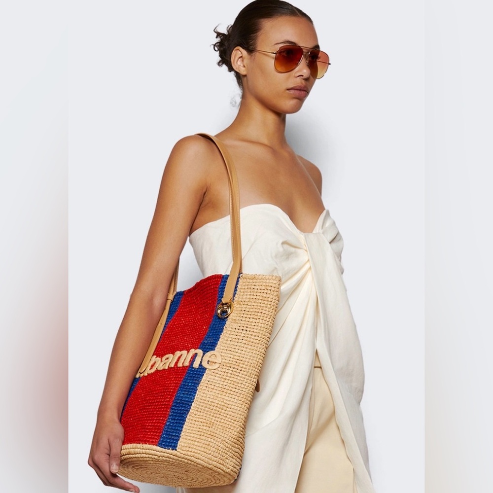 RABANNE LOGO-EMBOSSED RAFFIA BASKET BAG
